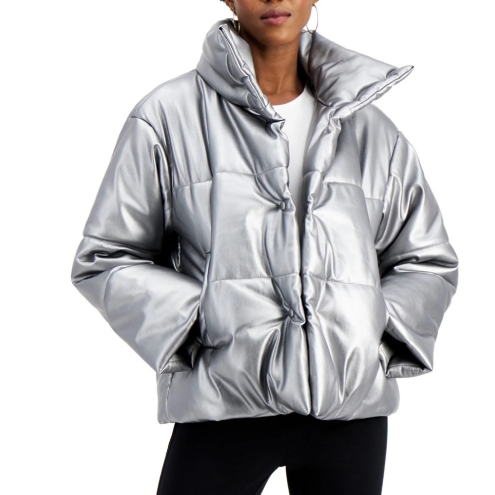Faux Leather Puffer Jacket in Metallic Silver